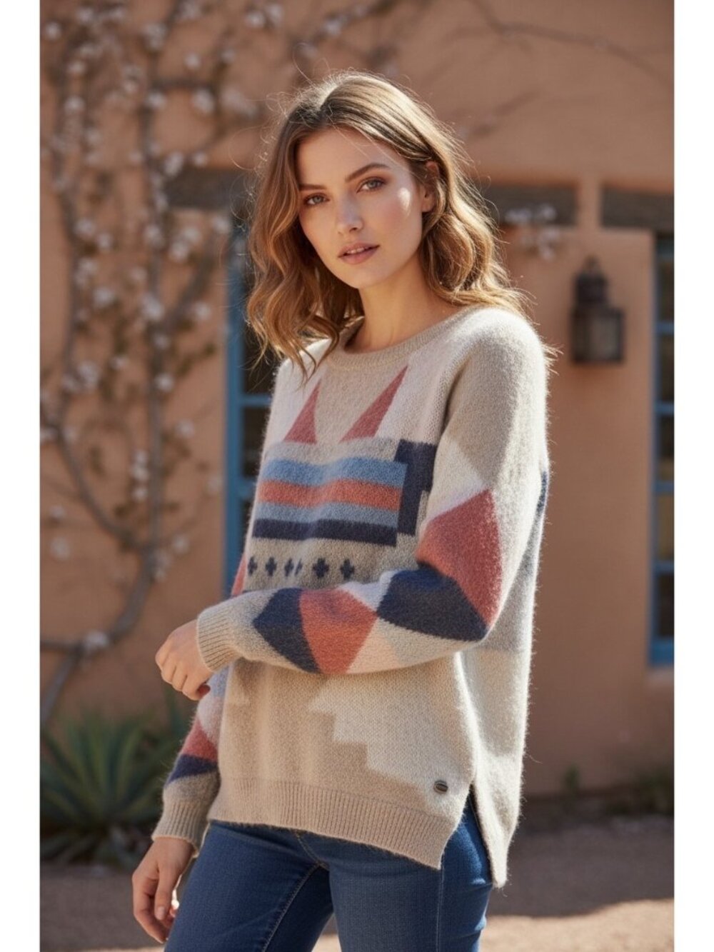 Maison Scotch Mohair Blend Geometric Sweater Beige Pink Blue High Low Hem P/XS